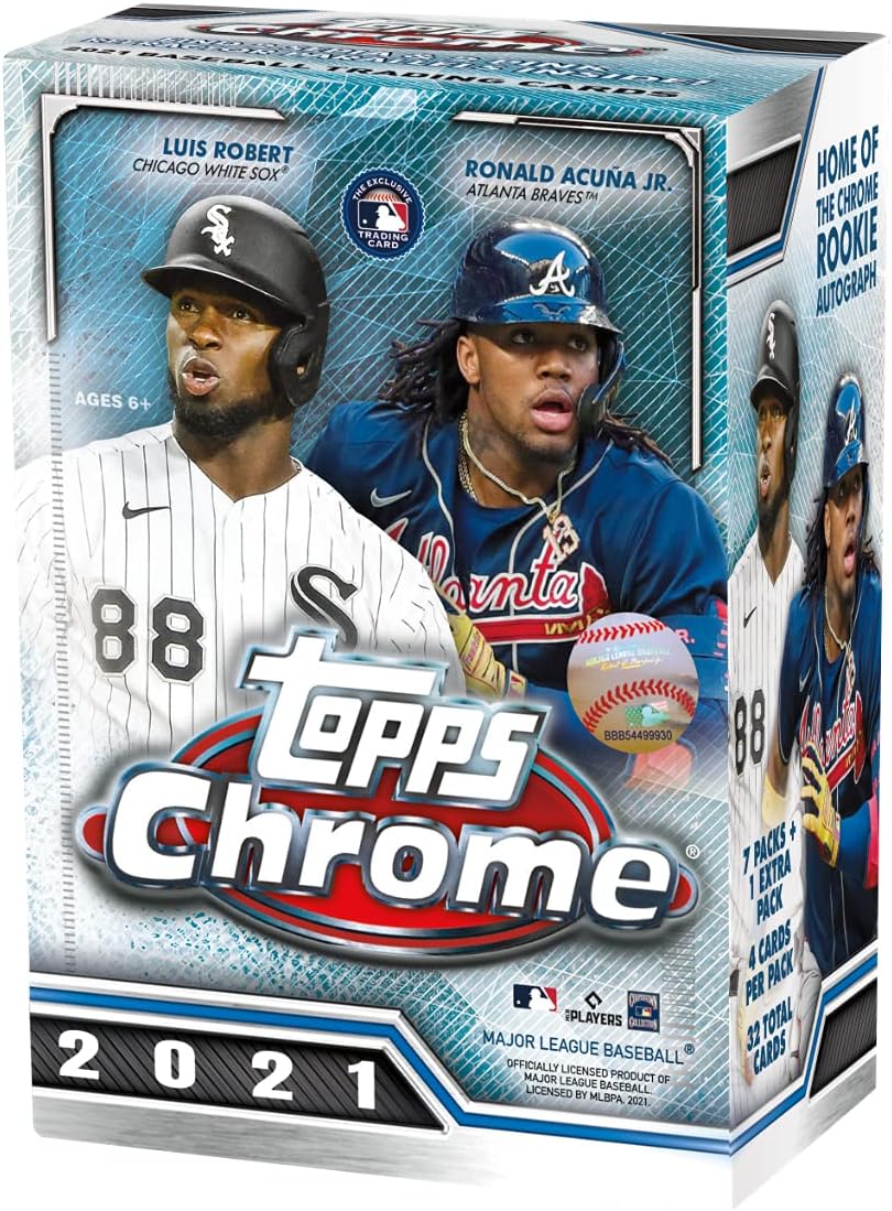 Topps 2021 Chrome Baseball Blaster Box, includes 200-card Base Set, color parallels, chrome autographs, Bisboland Prismic Power!, 32 cards per box