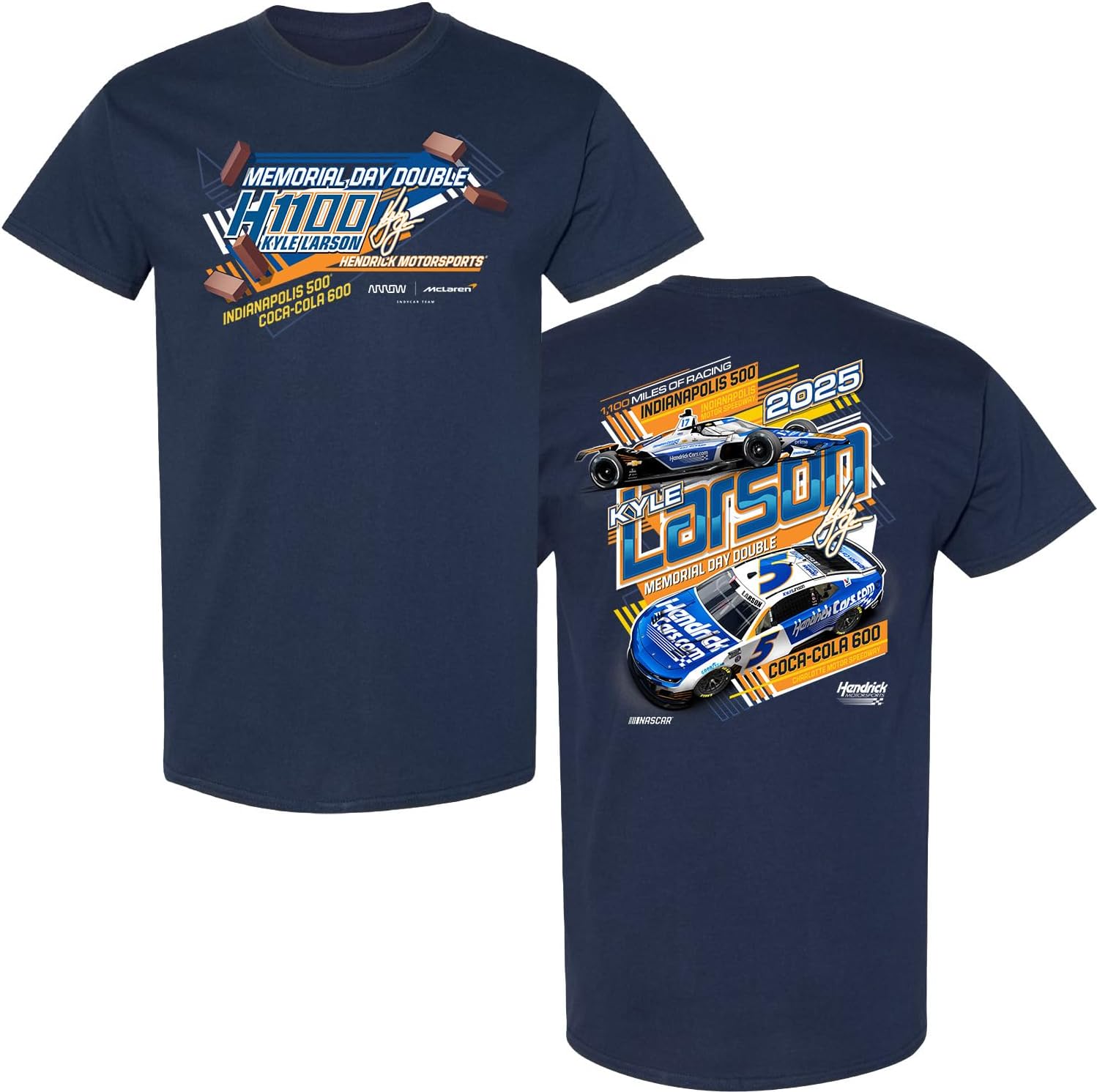 Kyle Larson 2025 Indy/NASCAR Cup H1100 Memorial Day Double 2-Spot T-Shirt Blue